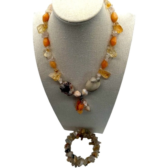 Vintage Citrine & Agate Stone Necklace And Bracelet Set - Picture 1 of 12